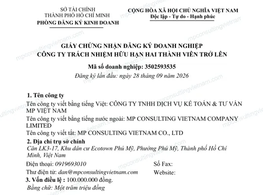 Giấy chứng nhận đăng ký doanh nghiệp của CÔNG TY TNHH DỊCH VỤ KẾ TOÁN & TƯ VẤN MP VIỆT NAM, mã số 3502593535